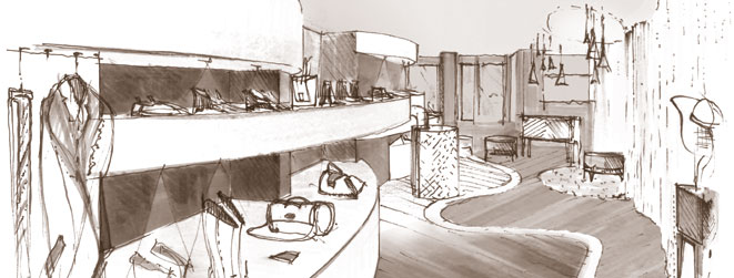 Skizze Einrichtung vom Eingang in Richtung Wohnbereich